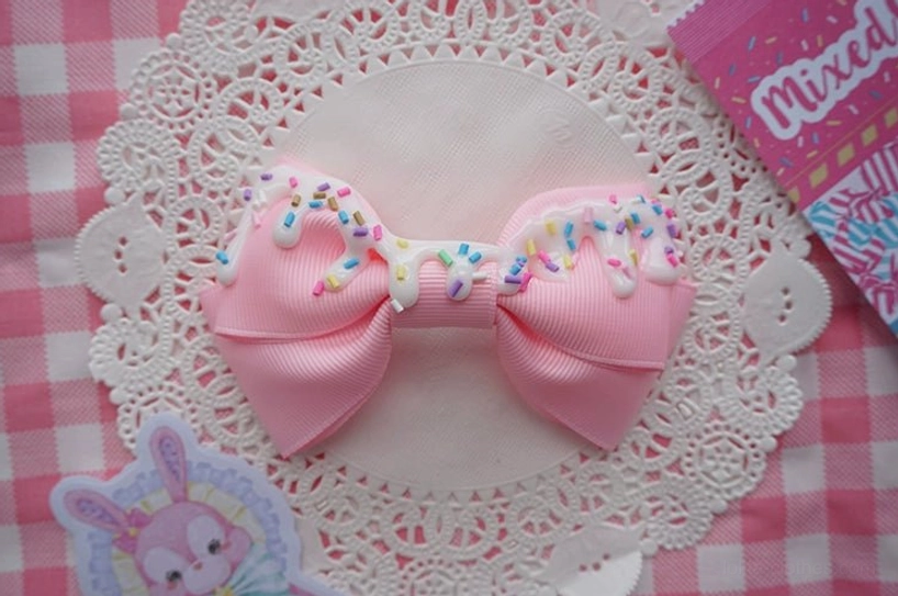 Pink sweet lolita cream cake bow hair clip with imitation cream and sprinkles quintessential classic lolita fashion accessory