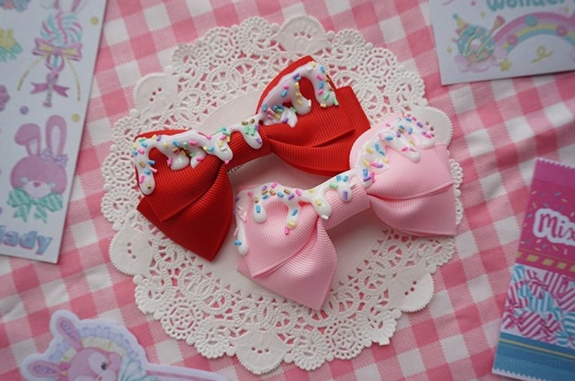 Red and pink sweet lolita cream cake bow hair clips on lace doily with imitation cream and colorful sprinkles decoration