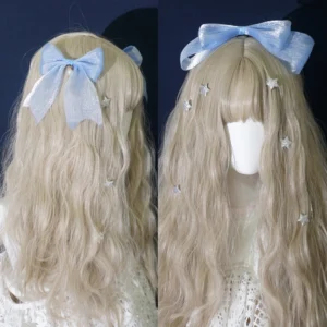 Sweet lolita kawaii side bow hair clips with light blonde wavy wig and tiny star ornaments, front and side view styling