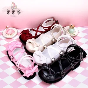 multi-color sweet lolita bow shoes overhead flat lay display on pink checkered desk with round toe low block heel bow embellishments