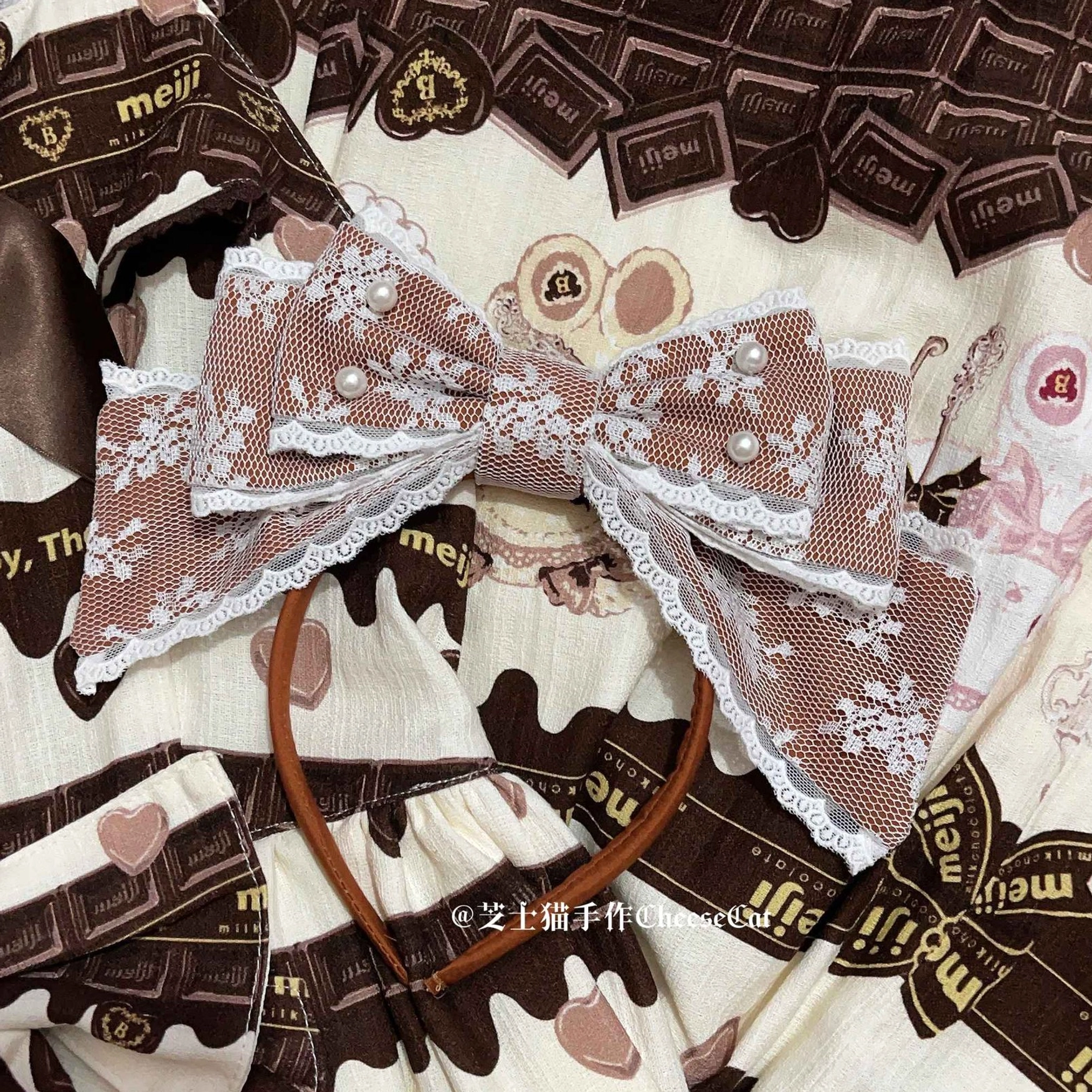 Brown sweet lolita pearl bow KC headband warm earth tone shown with coordinated lolita outfit styling