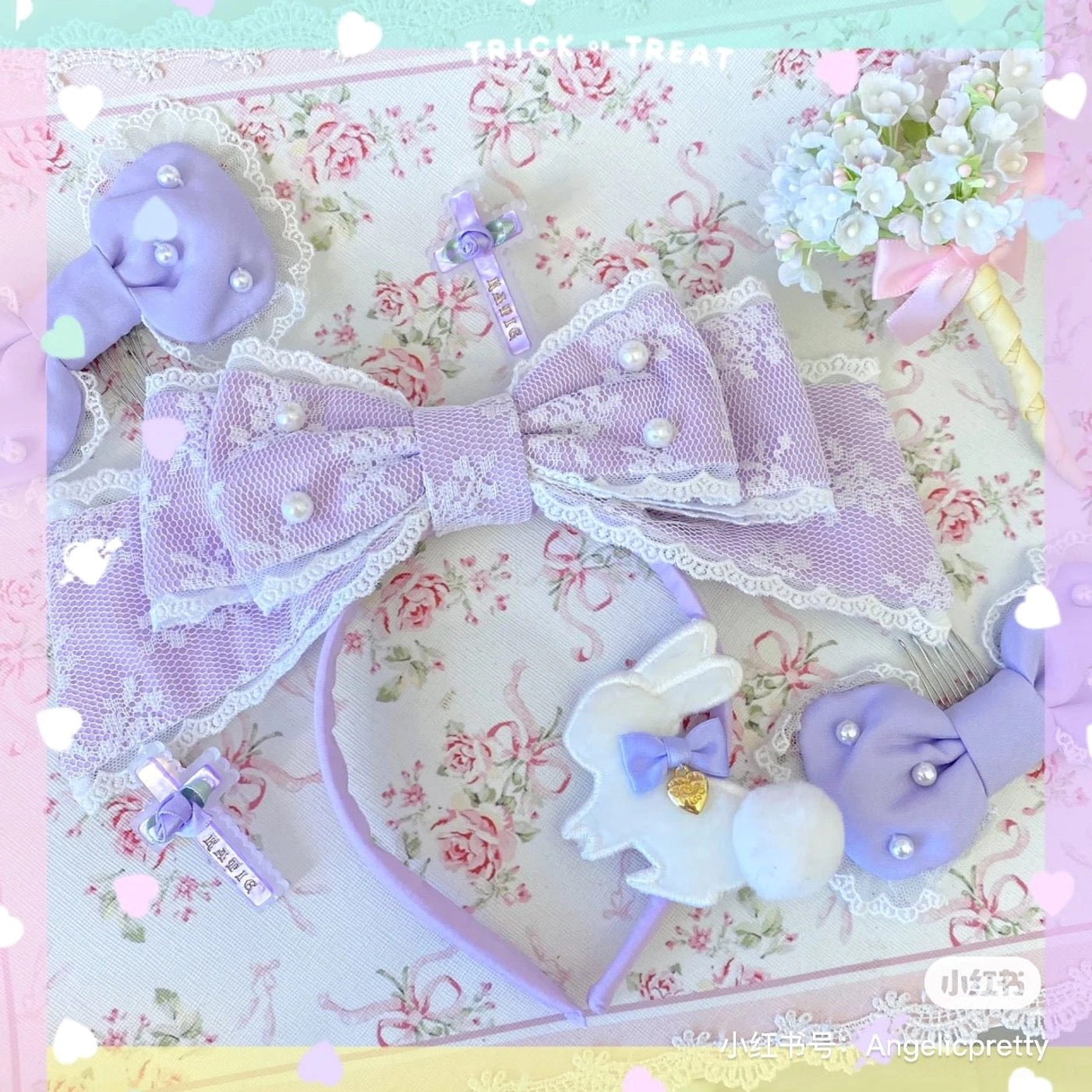Brown sweet lolita pearl bow KC headband color variant worn on real model with lolita fashion coordinate