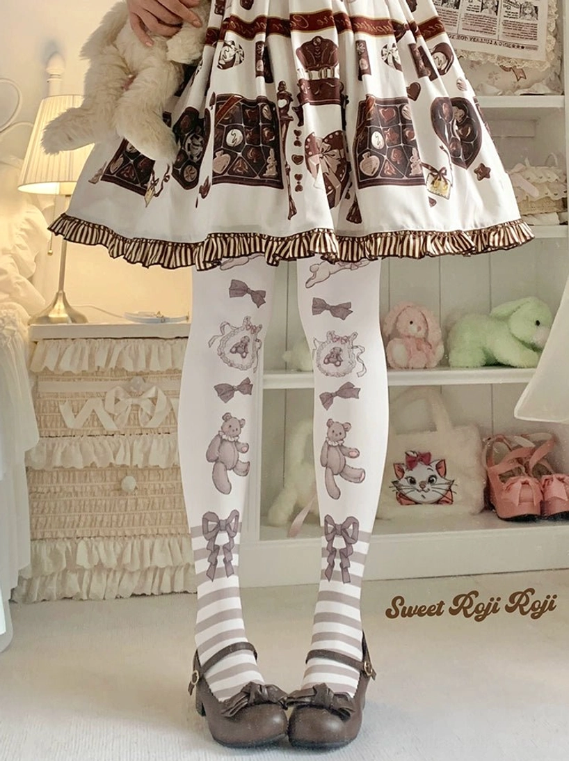 Brown sweet lolita printed tights back view showing bear and bow prints on upper thighs with striped ankle cuffs paired with chocolate patterned lolita skirt brown bow mary jane shoes