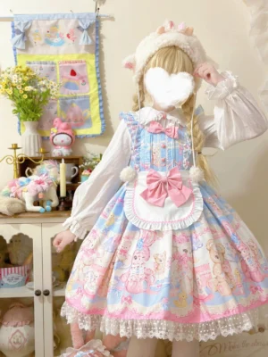 blonde model wearing pastel bunny bear sweet lolita jsk jumper skirt with long-sleeve pink flutter sleeve inner shirt and ruffled apron front full-body view studio