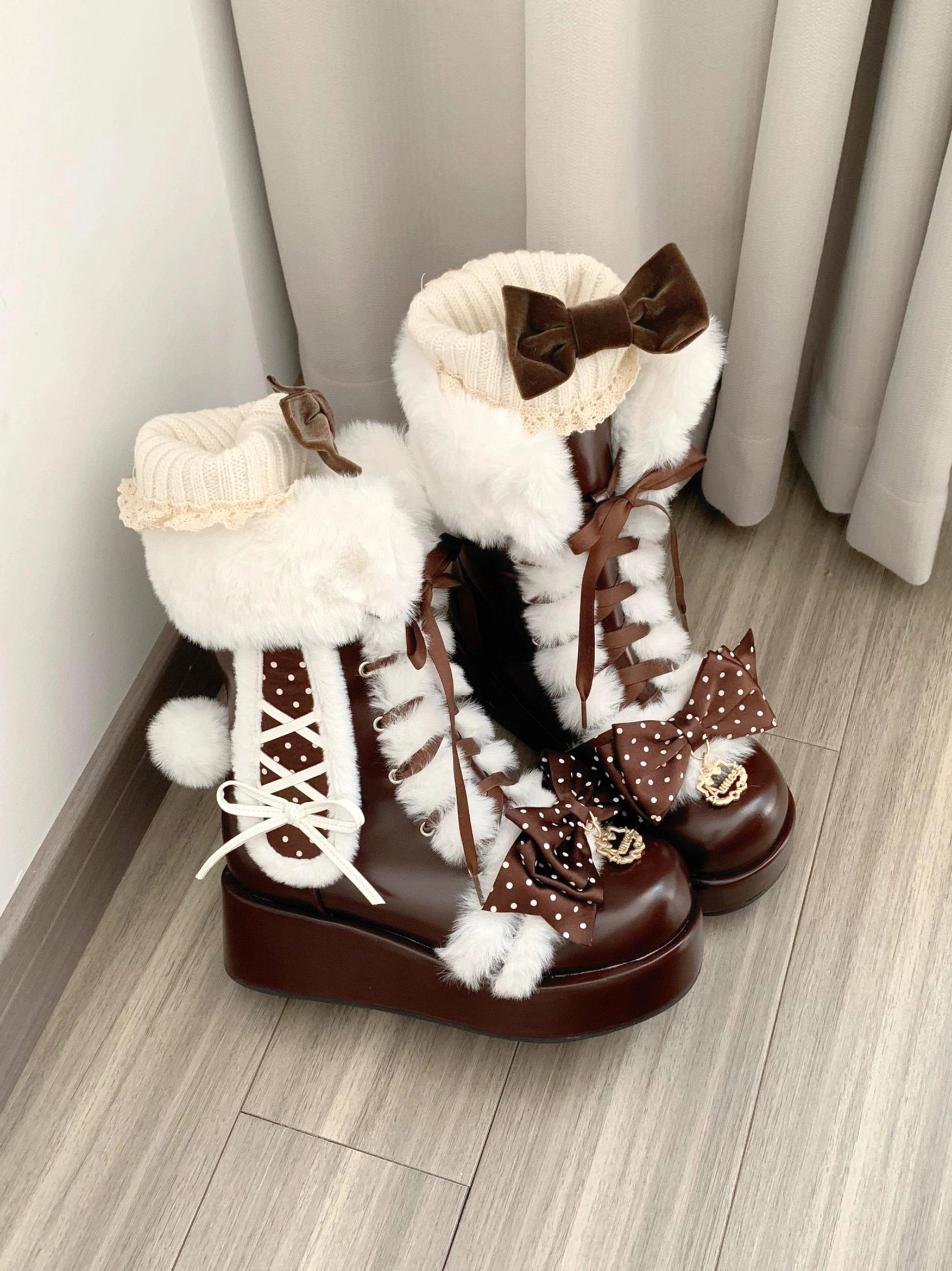 Sweet lolita bunny ear platform boots heel and sole construction detail showing platform height, rubber outsole traction, heel measurements, and supportive architecture for comfortable wear