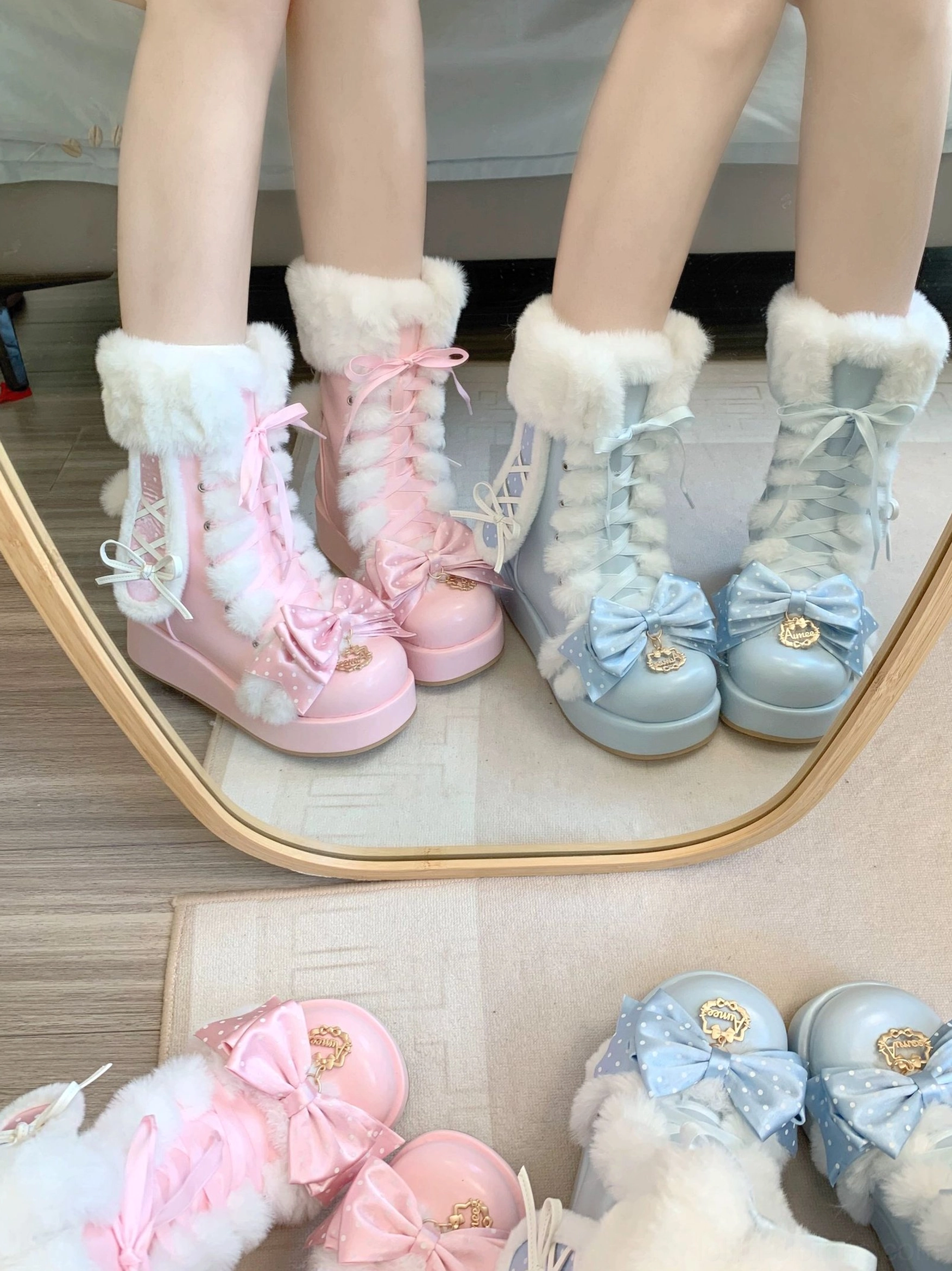 Sweet lolita bunny ear platform boots care maintenance tips display, including cleaning instructions, storage recommendations, and longevity tips for preserving plush faux fur and PU leather