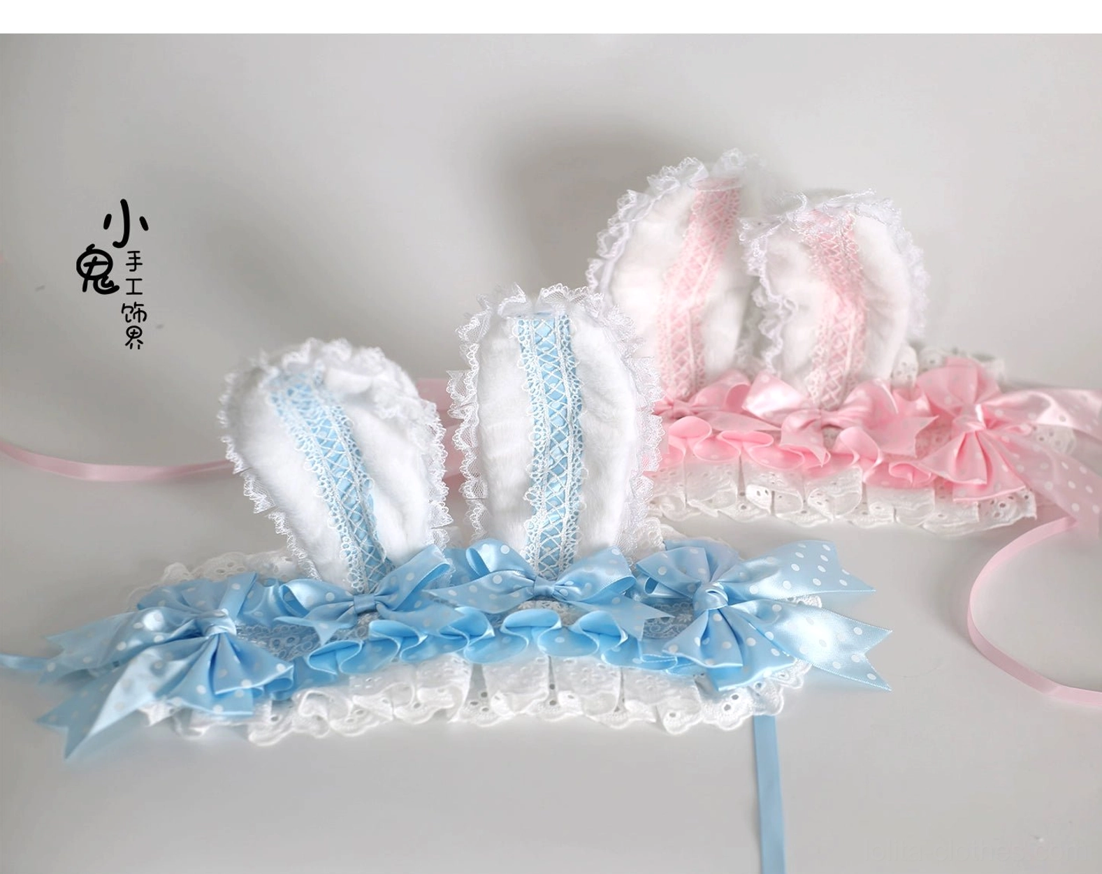 Sweet lolita bunny ear hairband all seven color variants displayed together full color palette