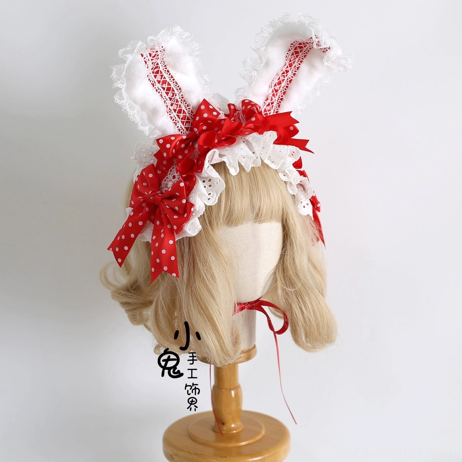 Sweet lolita bunny ear hairband back view showing adjustable neck strap and construction quality