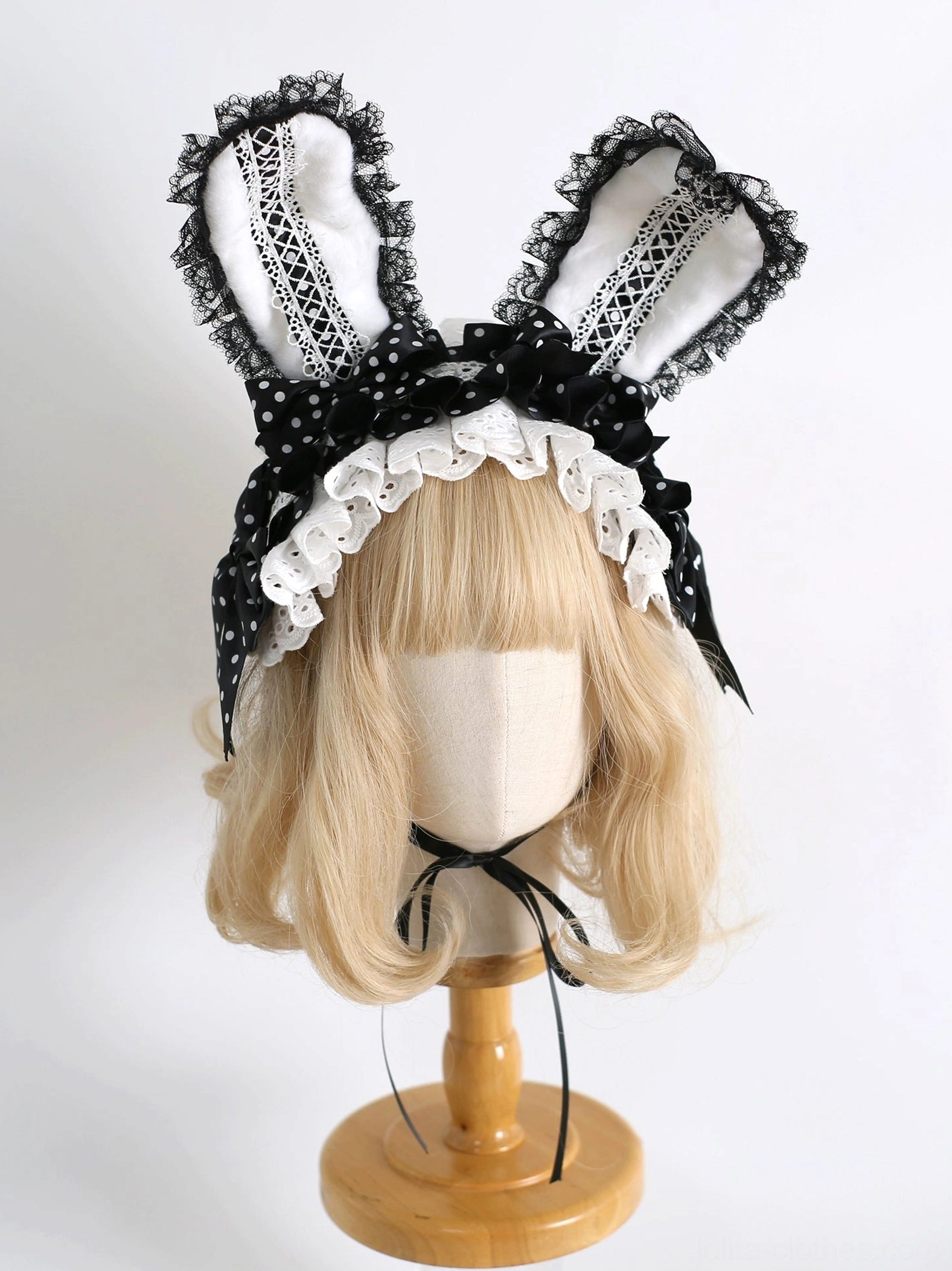 Black polka dot sweet lolita bunny ear hairband with white ruffled lace and black neck strap