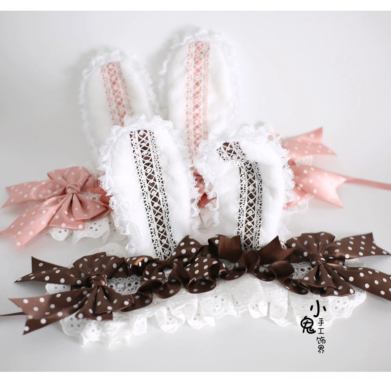 Sweet lolita blue bunny ear hairband lace detail and decorative embellishment close-up photography