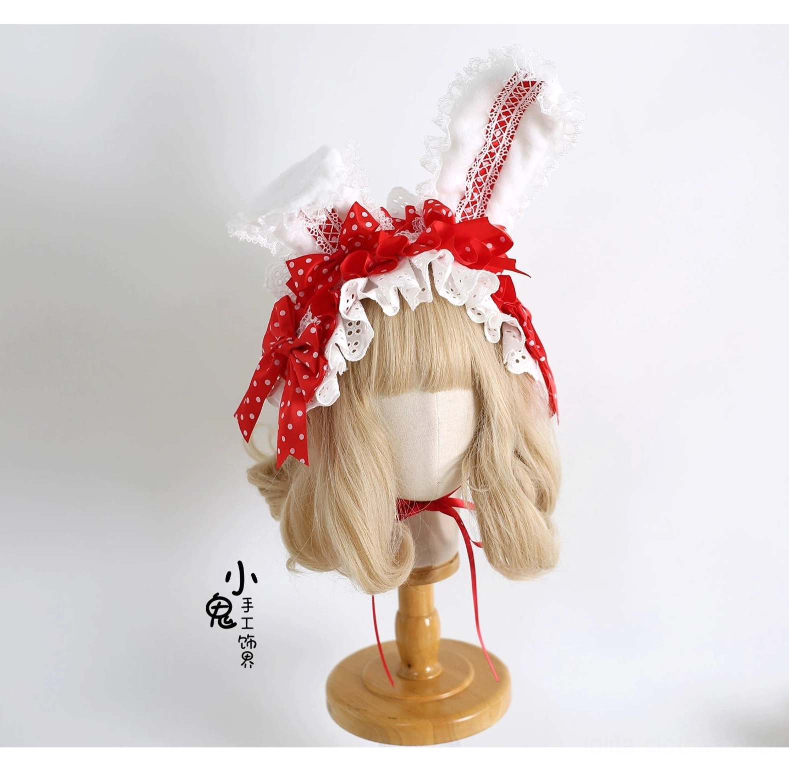 Dark red wine burgundy sweet lolita bunny ear hairband with polka dot bow on mannequin blonde wig