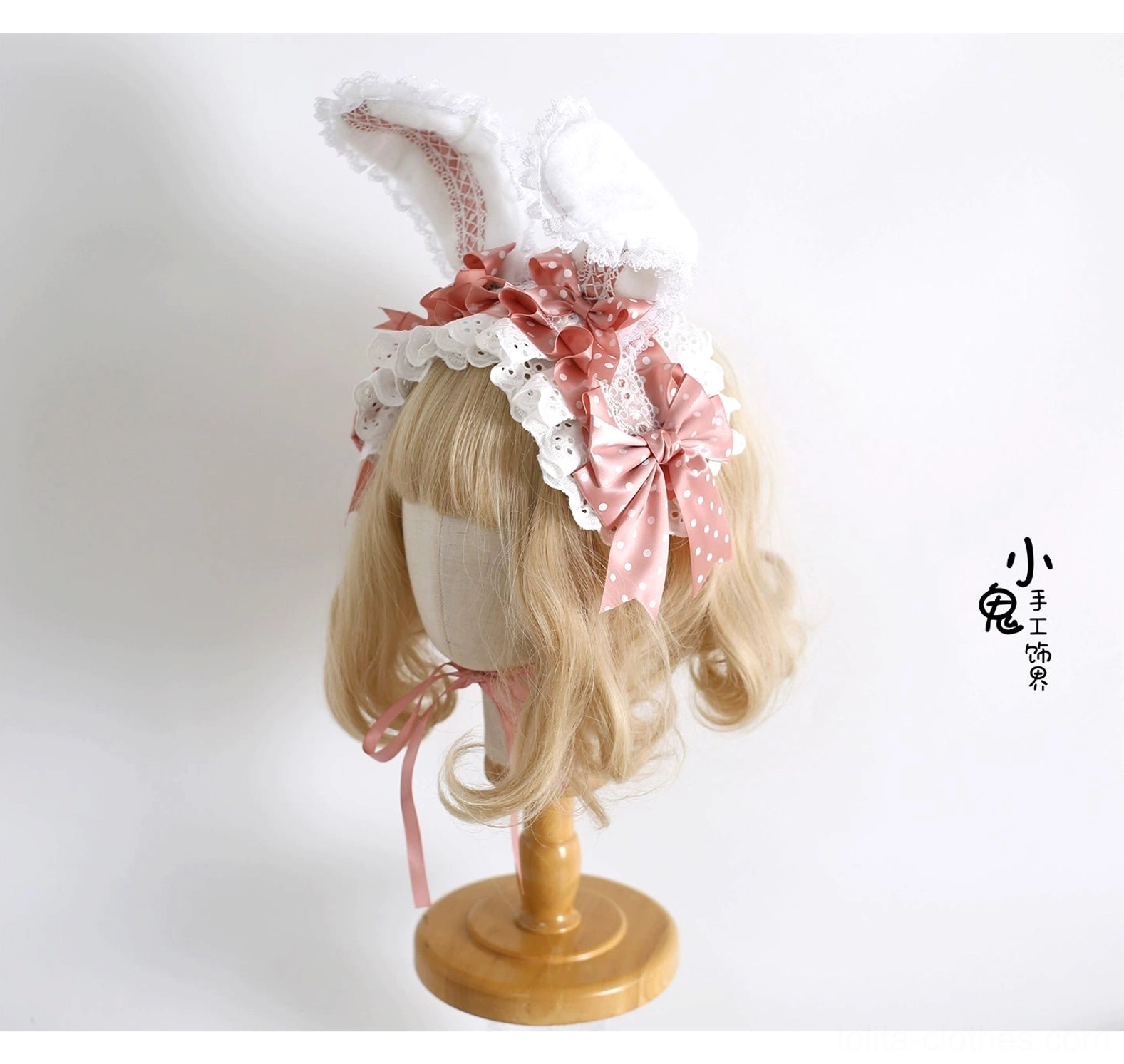 Sweet lolita bunny ear hairband shapeable design detail close-up showing lace construction and bow