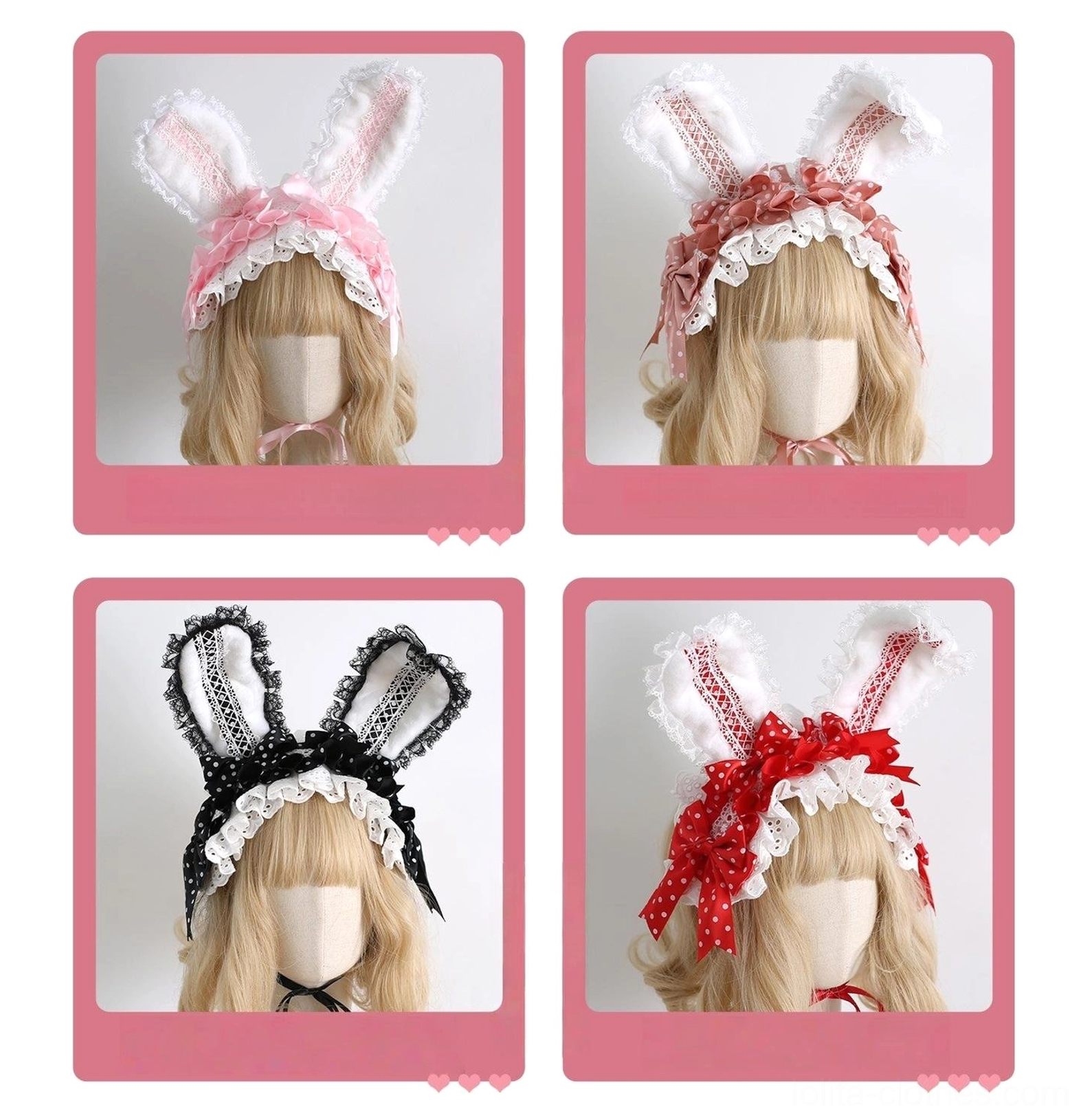 Multi-color lolita bunny ear hairband preview polaroid style showing pink wine red black and red color variants