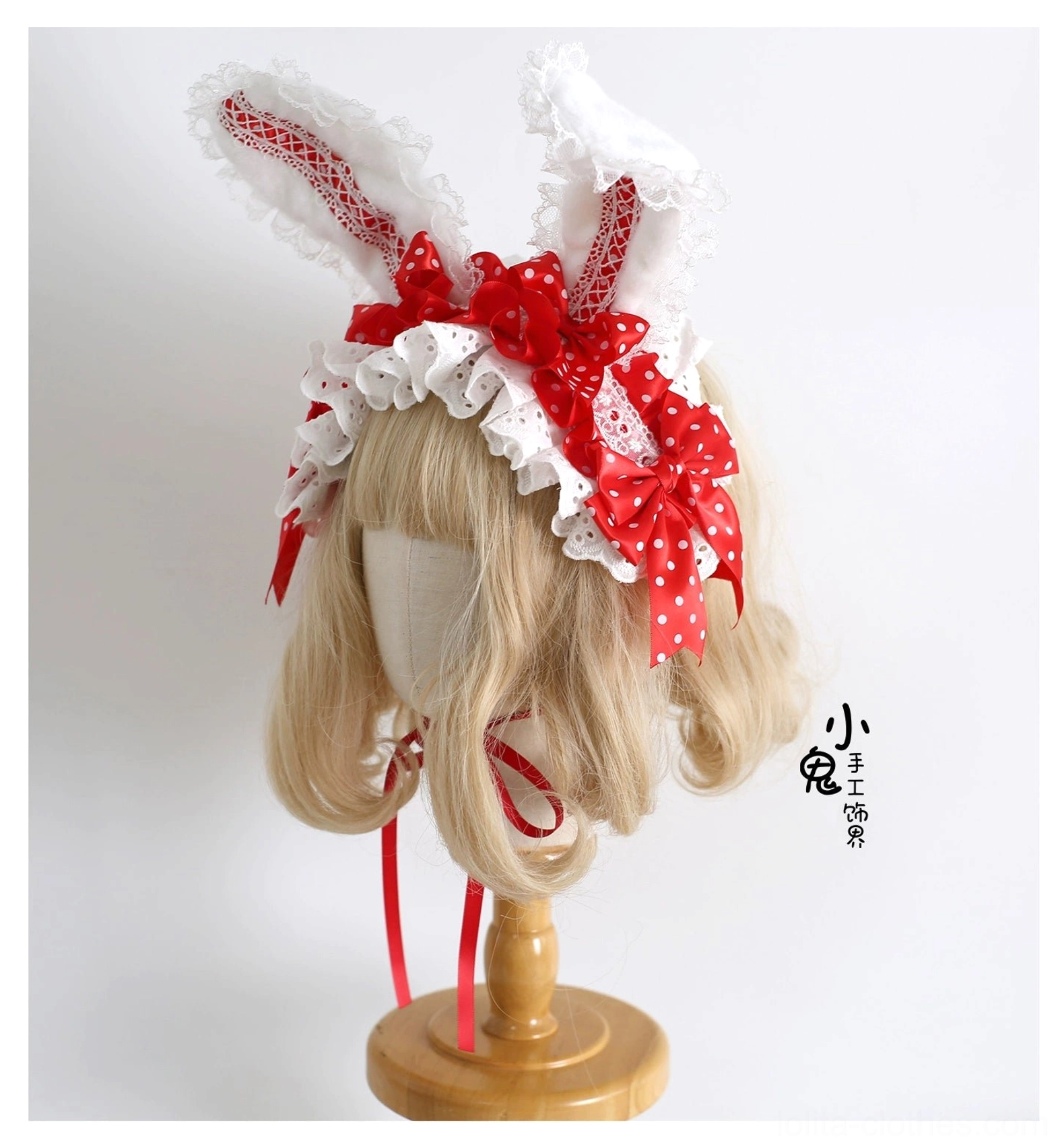 Sweet lolita bunny ear hairband styling angle showing shapeable ear flexibility and bow positioning