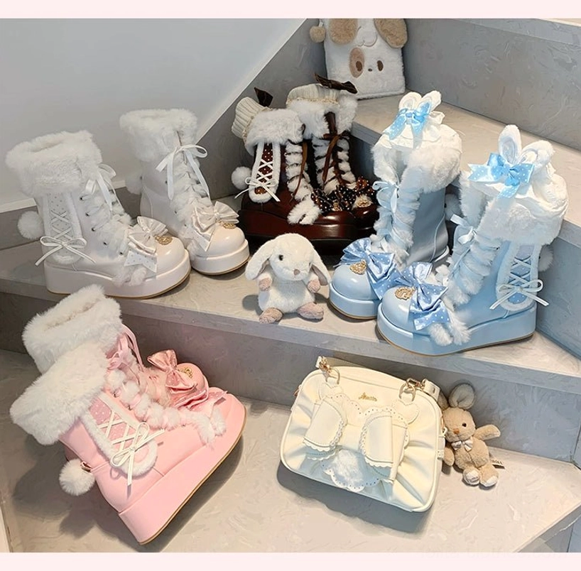 Sweet lolita fluffy bunny ear platform boots packaging and presentation showing product quality, shipping information, processing time, and ready-for-event ready aesthetic appeal