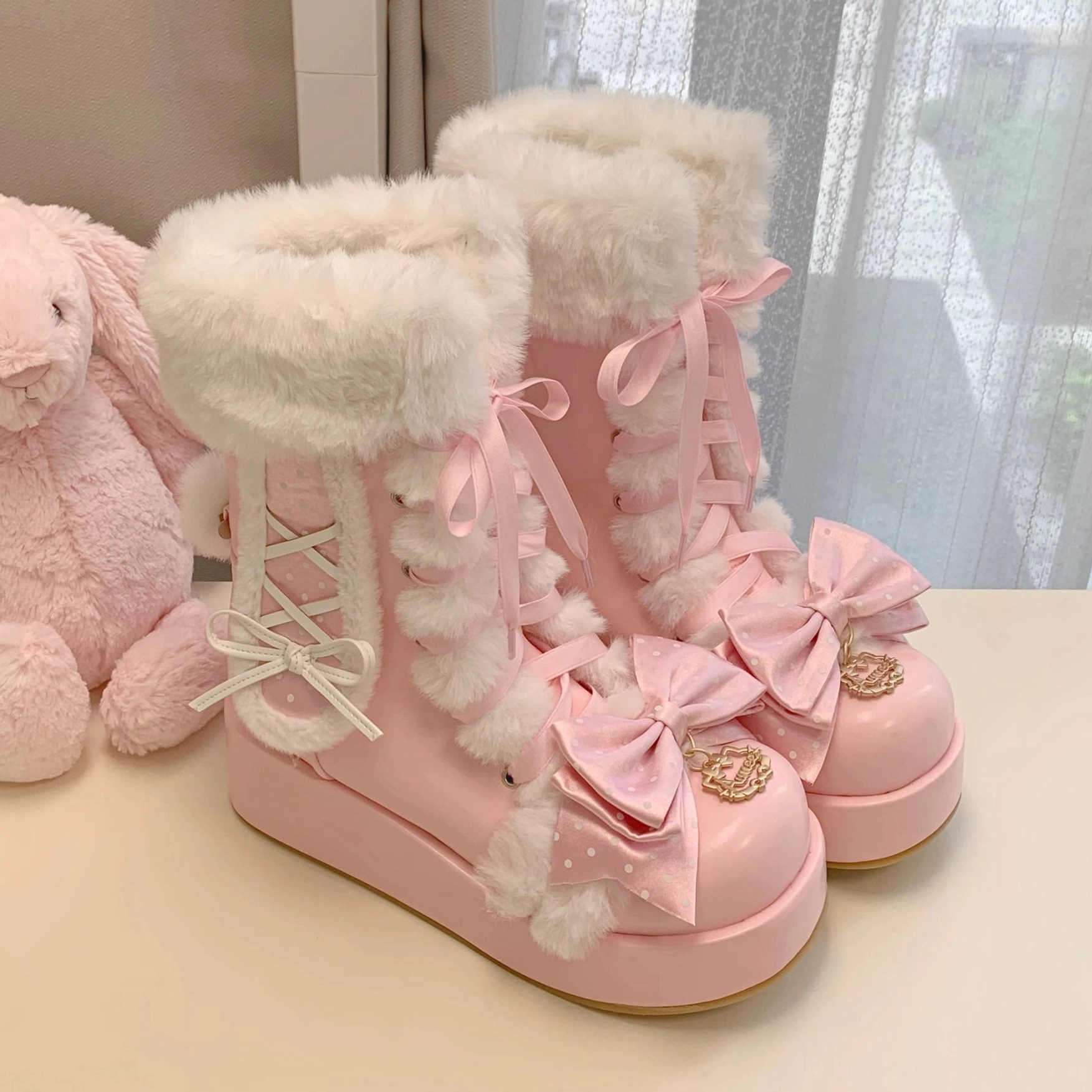 Bunny ear platform boots for sweet lolita fashion showing three colorway options, plush fur collar, decorative elements, and versatile styling for winter lolita coordinates