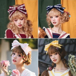 Sweet lolita burgundy bow KC headband with white lace trim worn by blonde model in sailor collar top