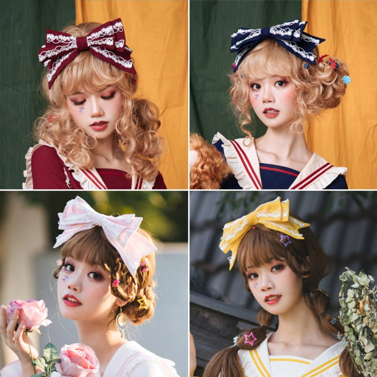 Sweet lolita burgundy bow KC headband with white lace trim worn by blonde model in sailor collar top