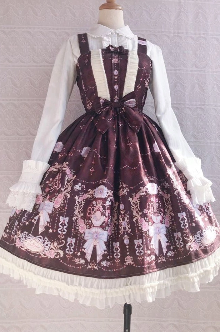 Burgundy sweet lolita dress with white ruffled sleeves dark burgundy base purple white vintage print large front waist bow frilled white lace hem