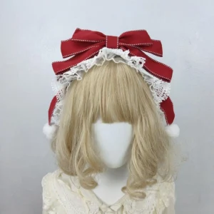 Burgundy with White Trim Sweet Lolita Lace Bowknot Hair Headdress Featuring White Pompoms and Detailed Lace Edging