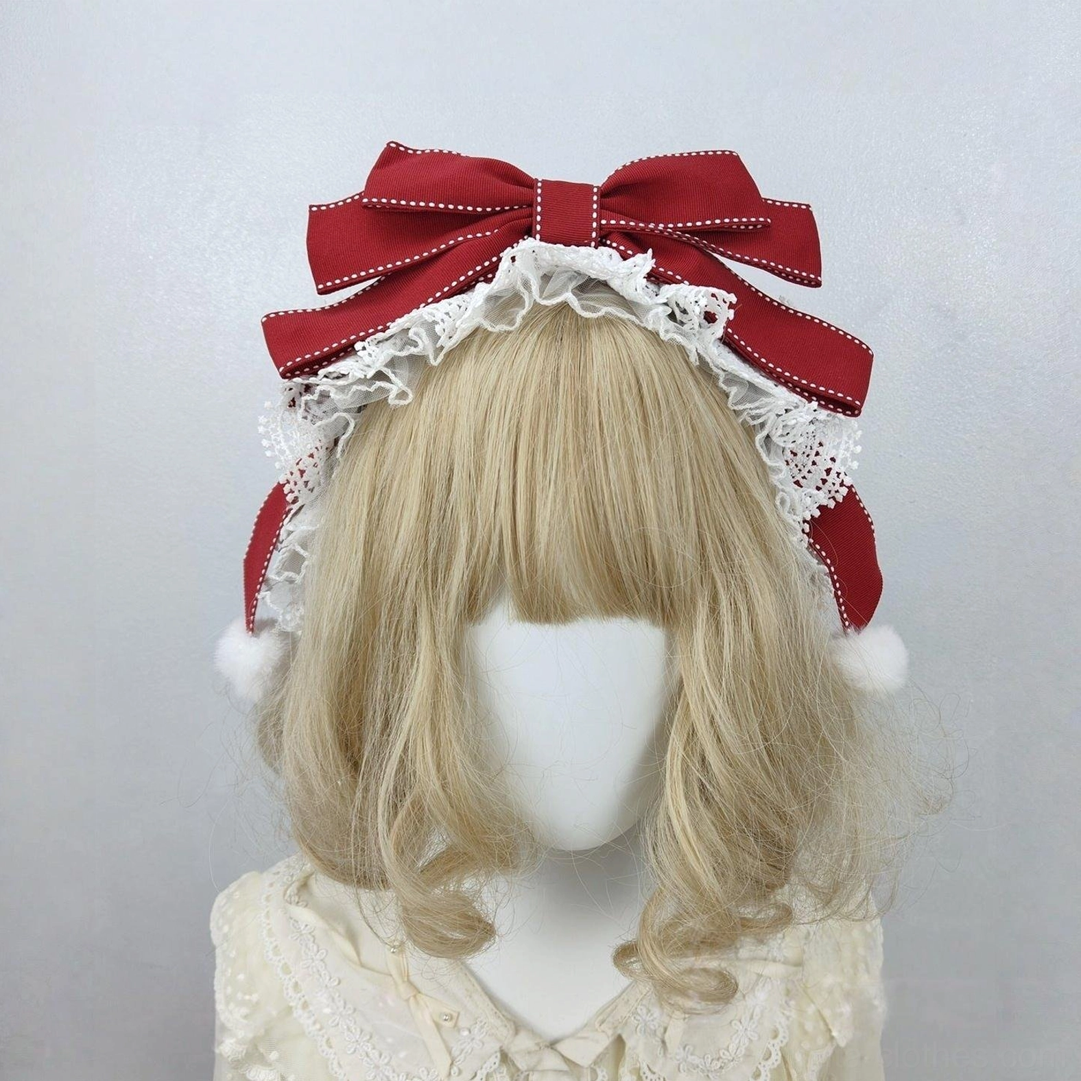 Burgundy with White Trim Sweet Lolita Lace Bowknot Hair Headdress Featuring White Pompoms and Detailed Lace Edging