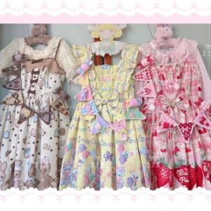 Sweet Lolita candy bow flag brooch displayed on mannequin wearing cute cartoon print dress with ruffled trims