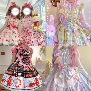 Multiple sweet Lolita flag brooches shown with adorable plush bunny toys and strawberry themed coordinates
