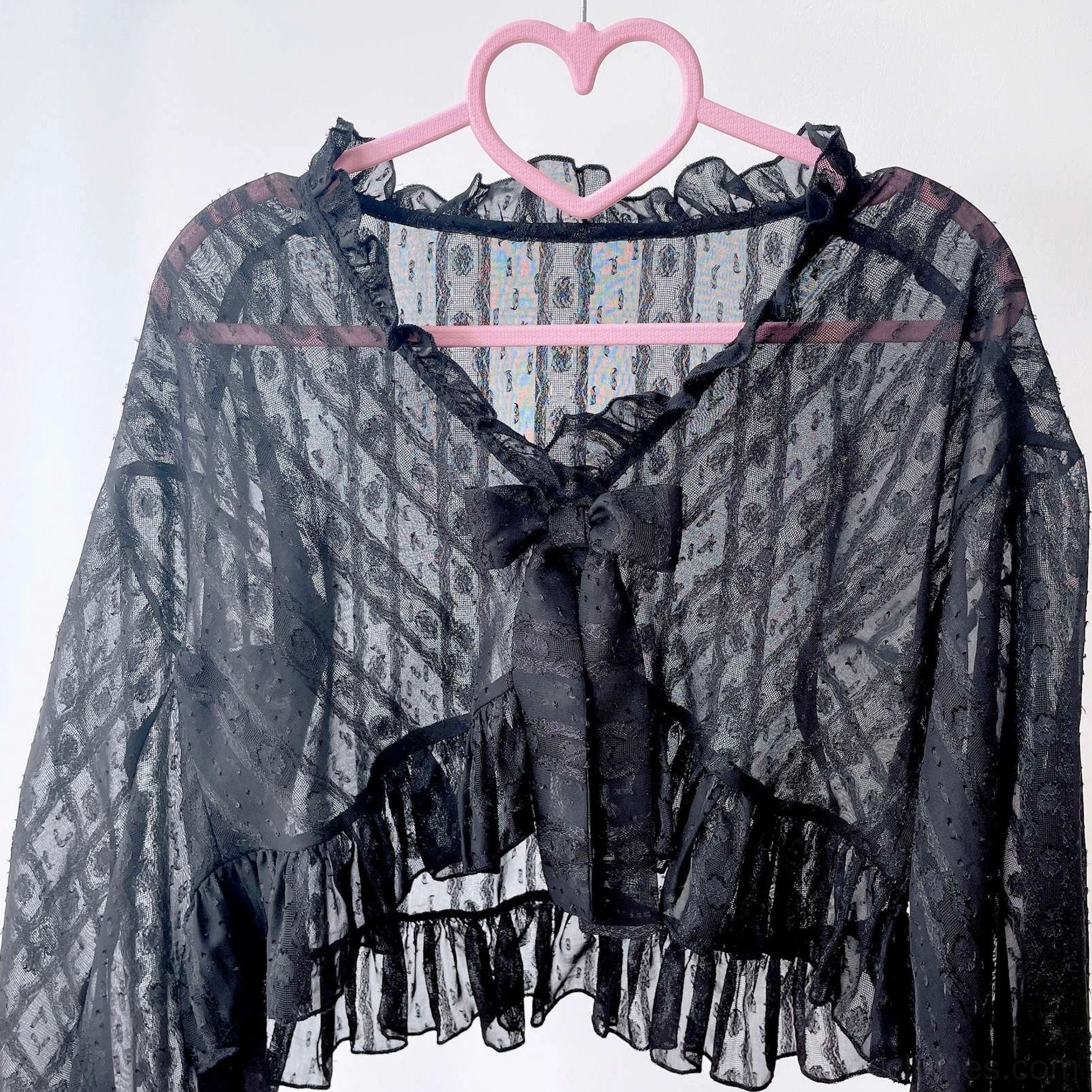 Full outfit coordination featuring dotted chiffon puff sleeve sweet Lolita cardigan layered with complementary Lolita dress and accessories