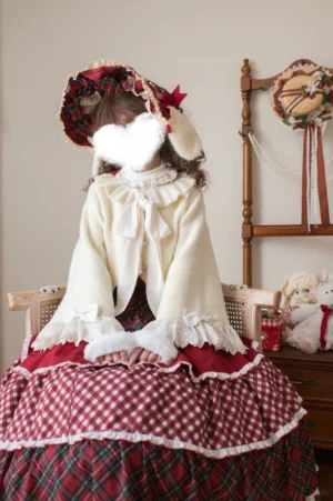 Back three-quarter view of cream sweet lolita winter cardigan showing ruffled lace hem and fluffy faux fur details paired with Christmas-themed lolita dress coordinate