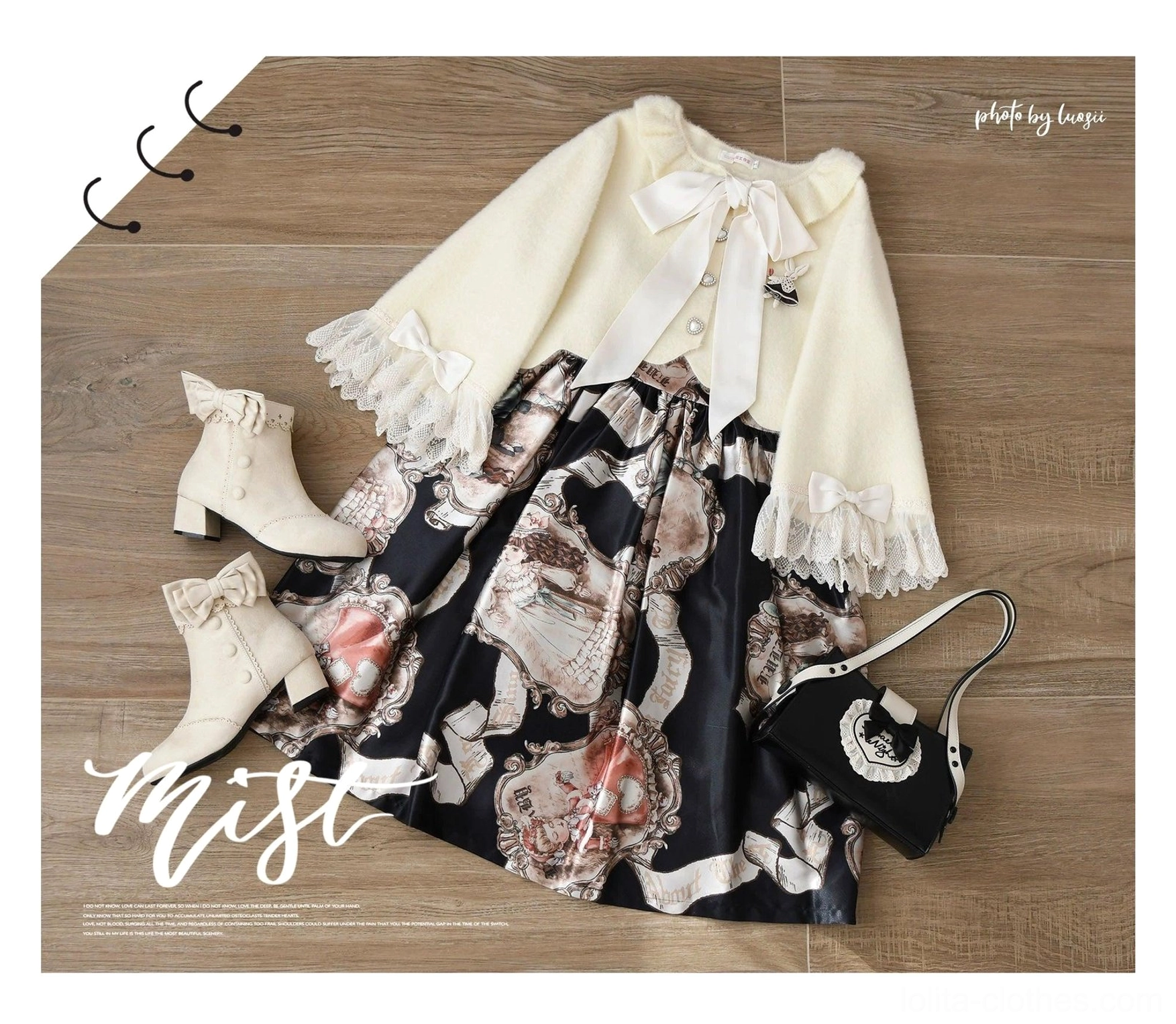 Ivory sweet lolita cardigan front view showing warm vintage sophisticated tone, layered with gold jewelry accessories on lolita model