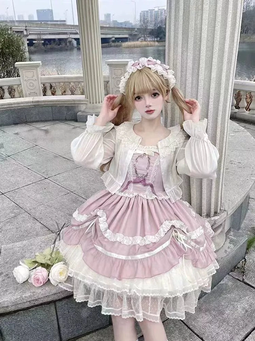 Sweet Lolita cardigan ruffled neckline chest cuff details adjustable tie closures spring autumn coordinate styling