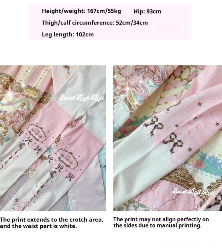 Sweet Lolita carousel velvet pantyhose size guide measurements fabric close-up detailed carousel horse bow print handmade quality reference