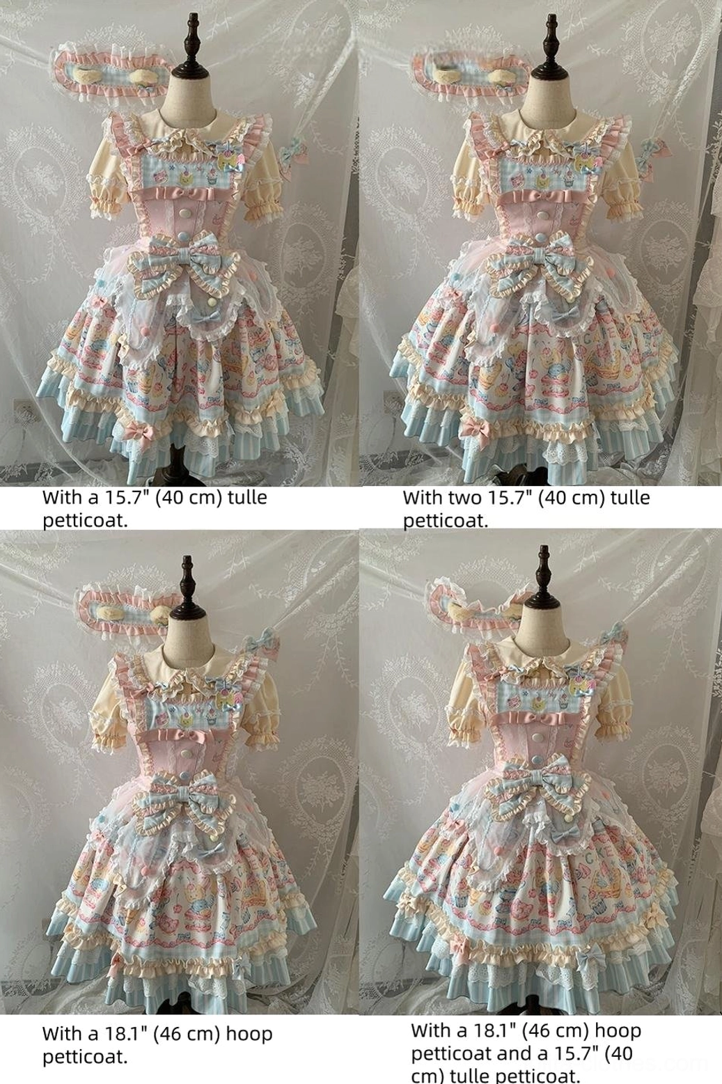 Sweet lolita cat dessert jsk dress display four mannequins different petticoat volumes showcase