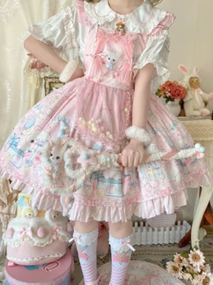 Sweet lolita cat print salopette dress suit pink three-quarter front overhead view vintage dollhouse setting