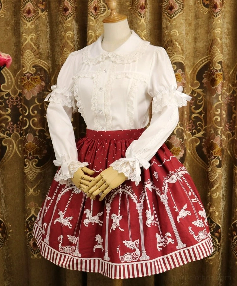 Sweet lolita chiffon blouse detail shot showcasing Peter Pan collar lace trim, button closure, and quality construction craftsmanship