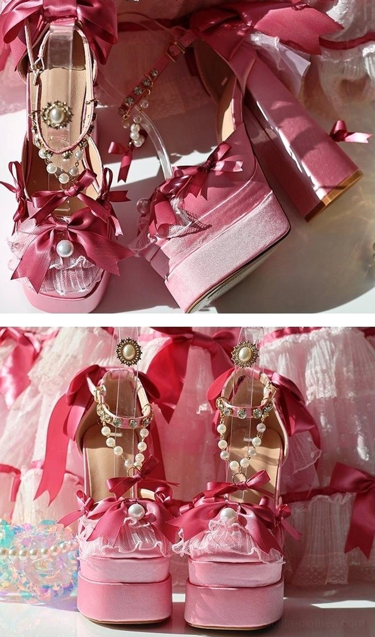 Sweet lolita chunky heel platform shoes pair with wedding version tulle overlay, pearl and rhinestone embellishments, overhead display view