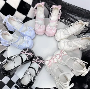 Multi-color sweet lolita chunky platform heel shoes featuring pink white baby blue and black variants with front lace bows ankle cross straps and glossy patent leather finish flat lay display