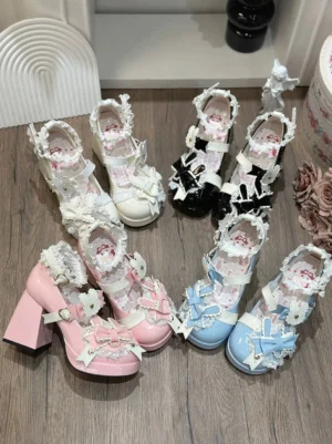 Flat lay display of four color variants of sweet lolita chunky heel shoes with bunny-ear bow decorations and lace trims in pink, baby blue, white, and black-white colorways on wooden table background