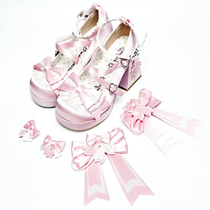 Sweet lolita chunky platform heel shoes lace and bow details highlighting intricate embellishments and dimensional floral decorations on heel