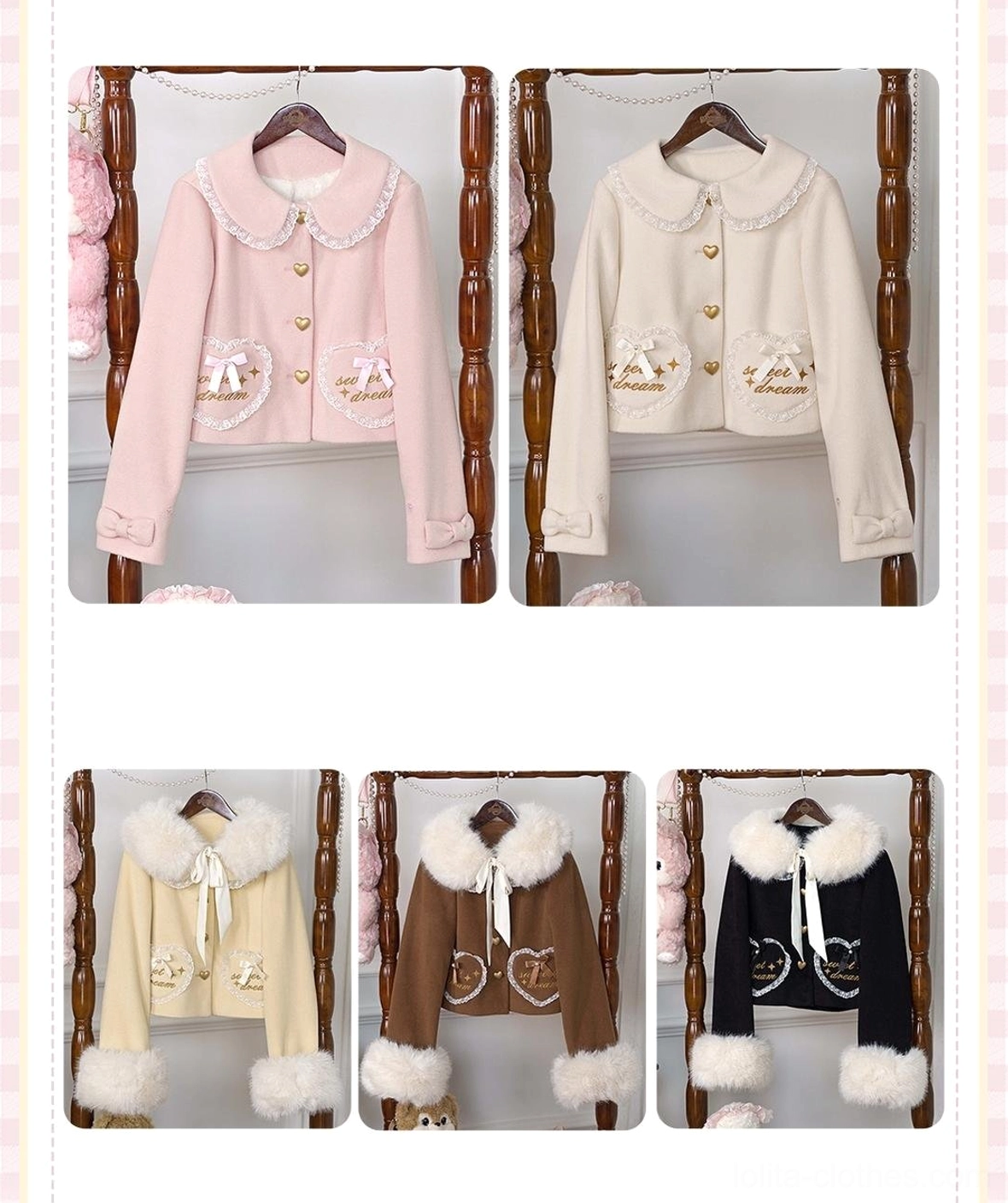 Sweet lolita coat design preview showing two collar style variations with color-coordinated outfit pairings on split grid display with white background