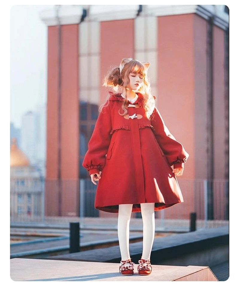 Sweet lolita winter coat detachable cat tail accessory positioning back waist decorative element feline inspired fashion