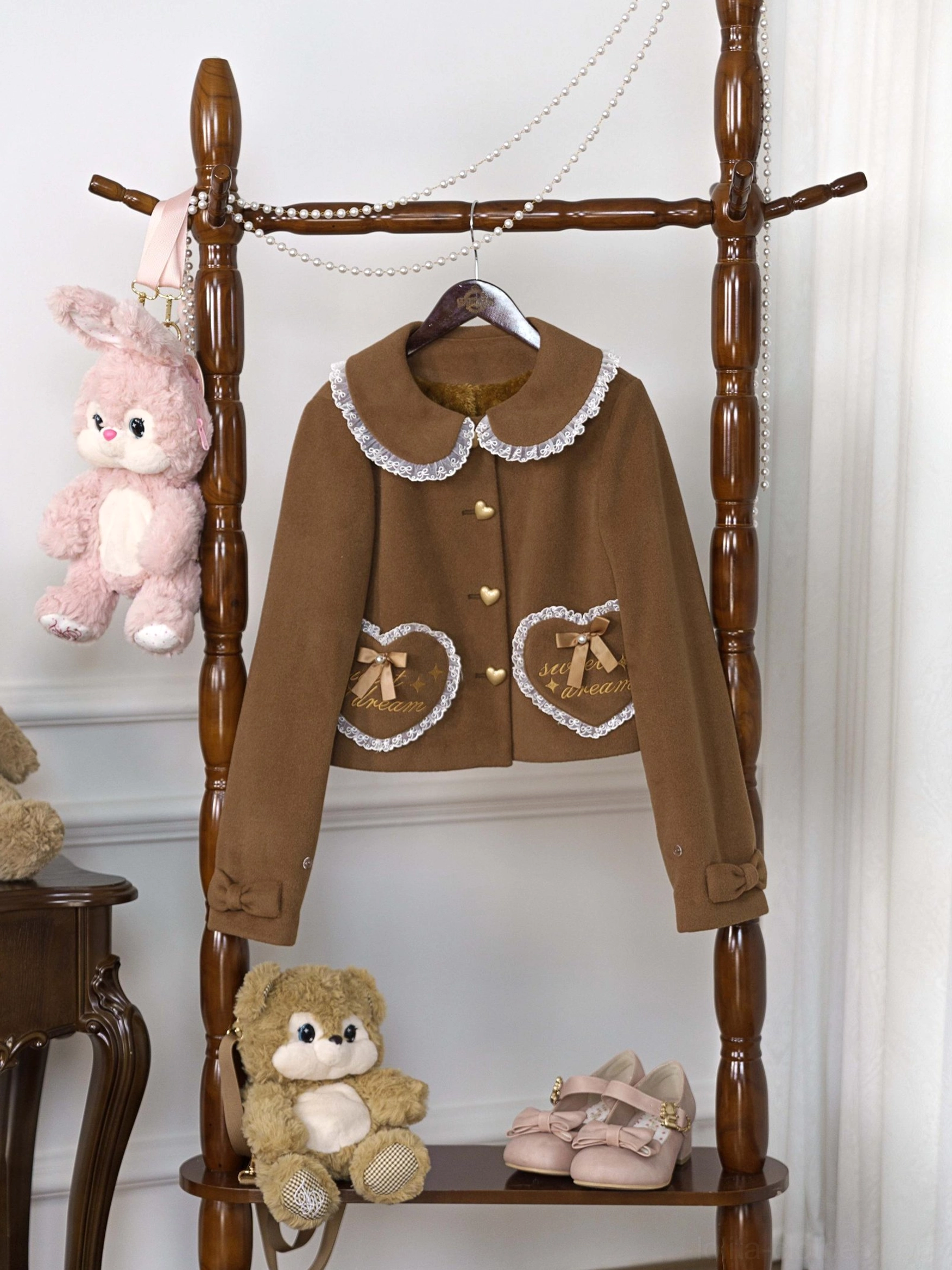 Lolita winter coat detachable faux fur upgrade styling showing transformation with premium fur collar and cuffs accessories