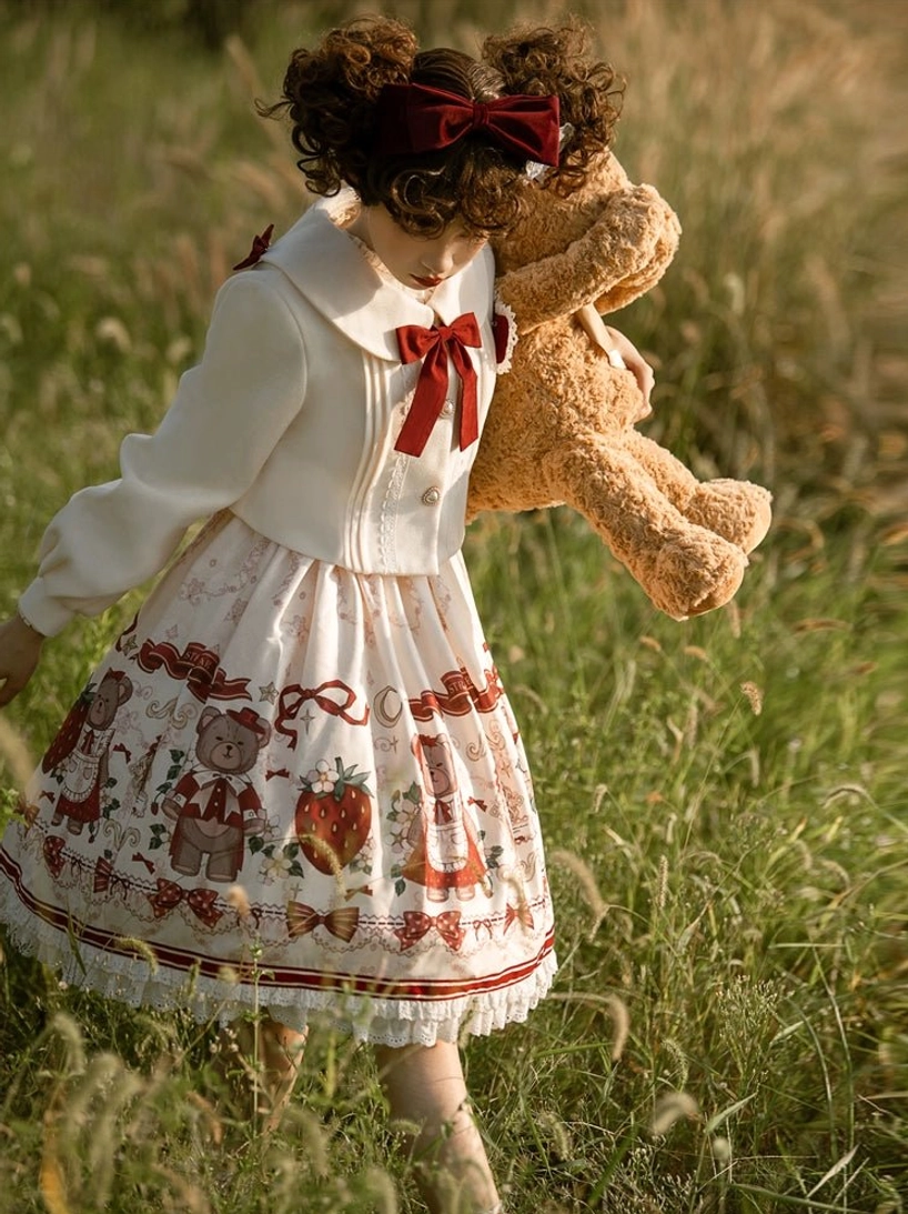 lolita coat and jsk two-piece set back view model holding teddy bear white peter pan collar burgundy bow
