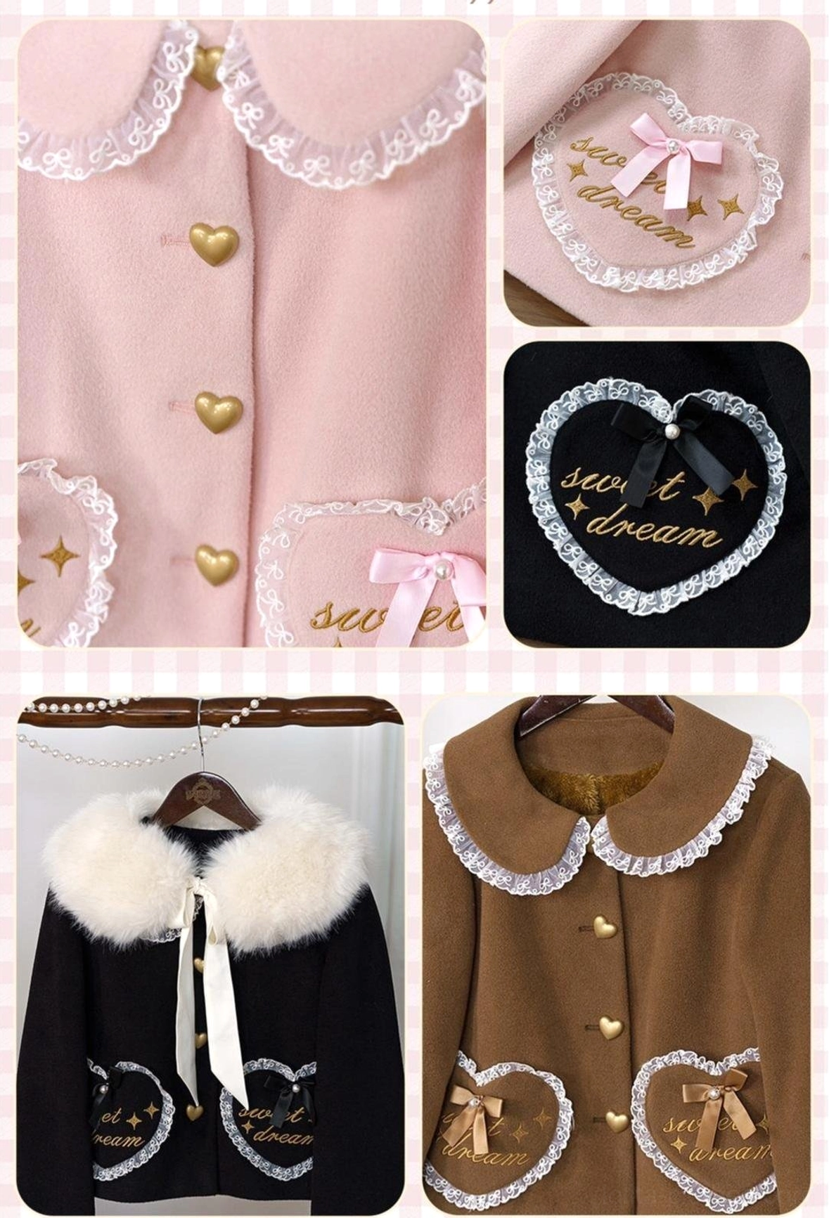 Sweet lolita coat with peter pan collar and heart pocket embroidery, featuring fleece lining and optional detachable faux fur collar accessory styling