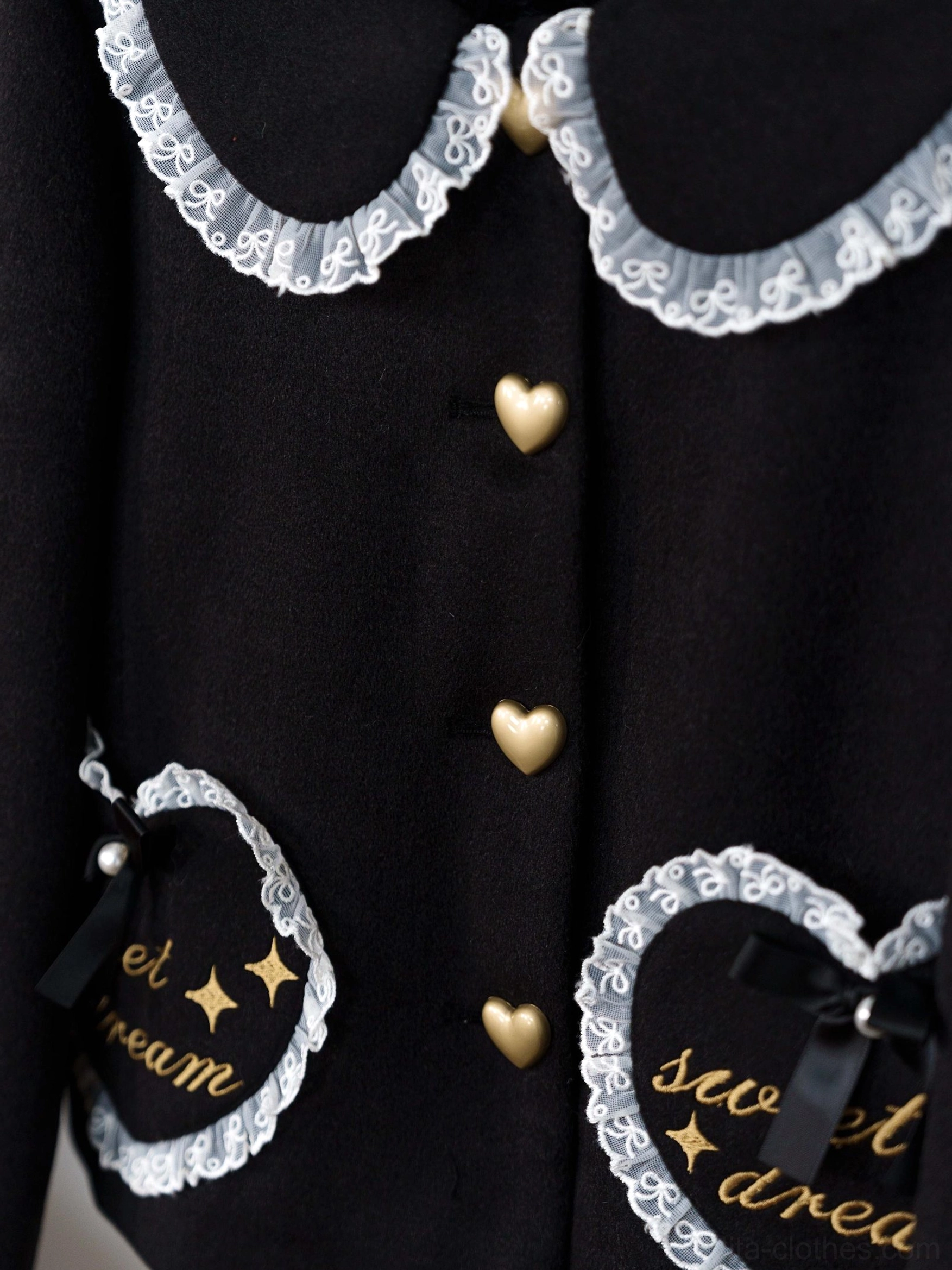 Lolita winter fleece coat quality details showing craftsmanship attention to lace trim embroidery and construction precision