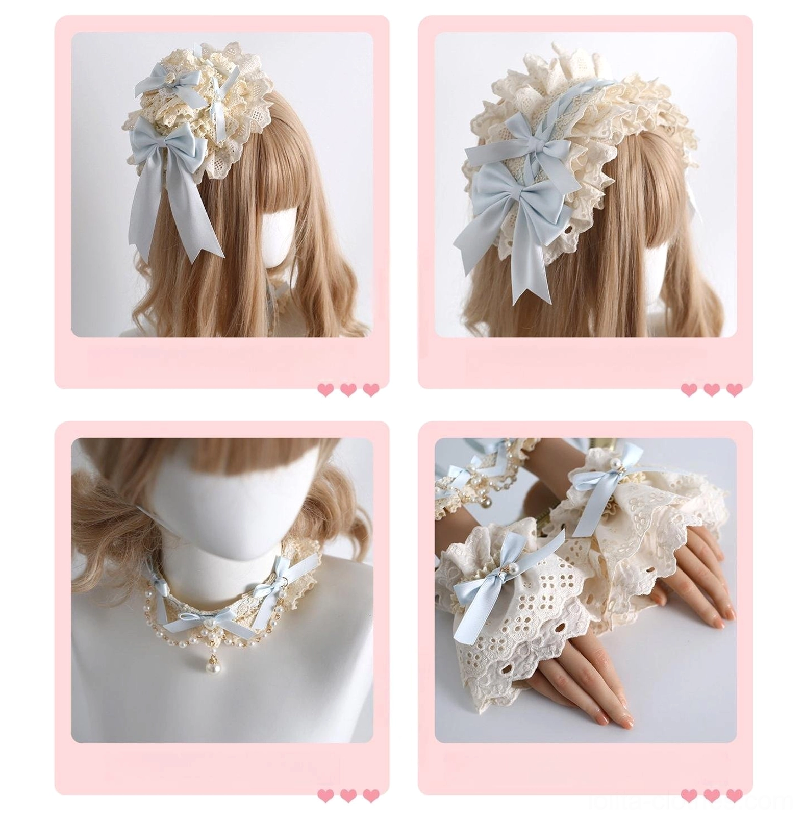 Complete sweet lolita headdress accessory set collage showing all four pieces headband mini hat choker and cuffs together polaroid style