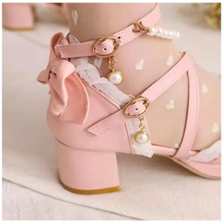 Sweet Lolita coordinate featuring pastel pink Lolita dress paired with beige Qi Mary Jane heels and frilly lace socks for romantic whimsical aesthetic