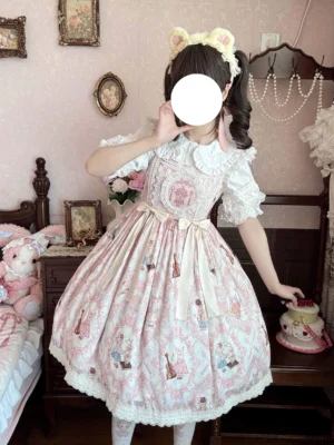 Sweet Lolita outfit half body front pose white ruffled Peter Pan collar blouse cat ear hair accessory puff sleeves lace trim satin waist ribbon