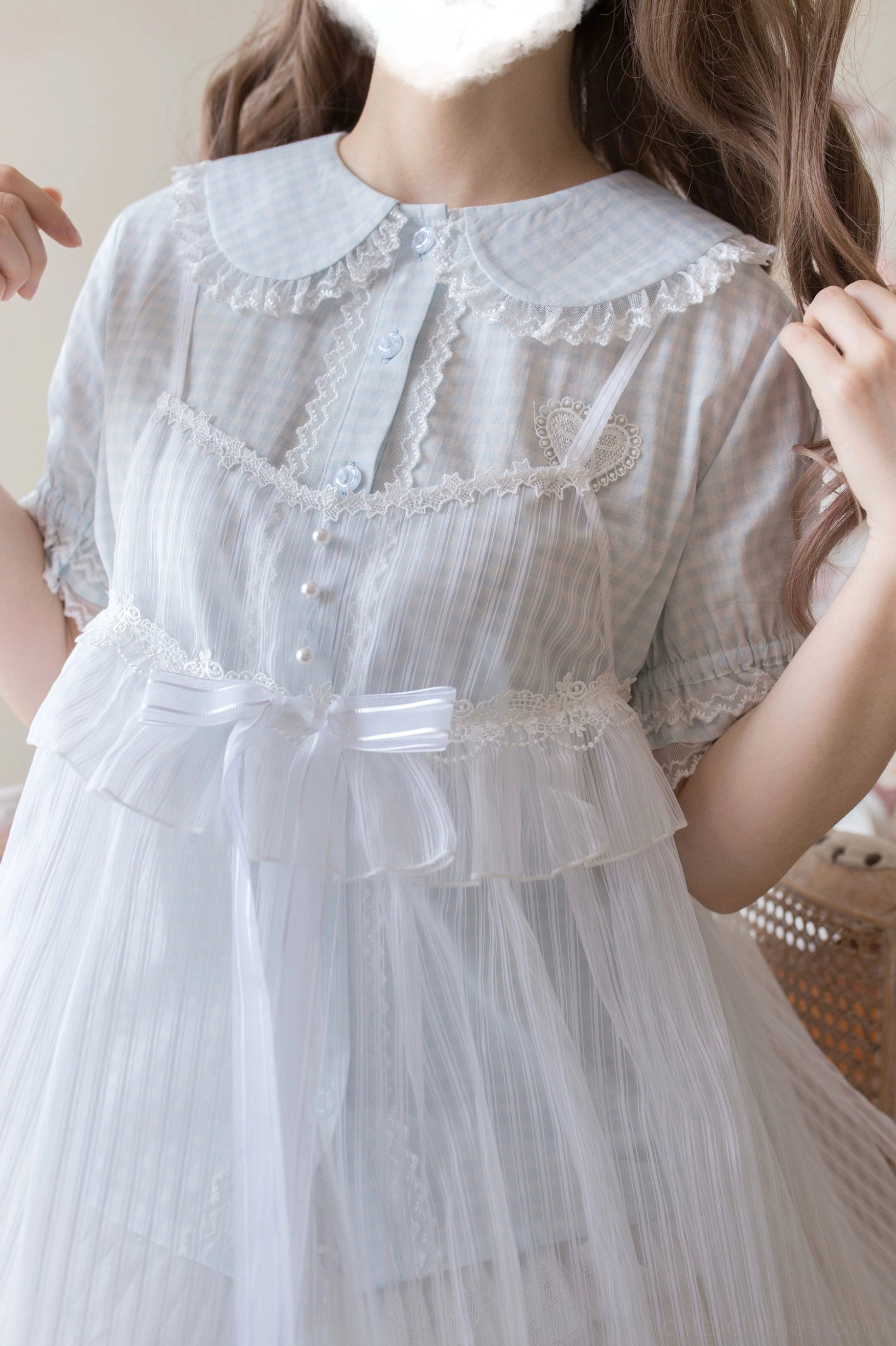 Sweet Lolita coordinate featuring plaid blouse with cat ear collar paired with pastel accessories and Mary Jane shoes