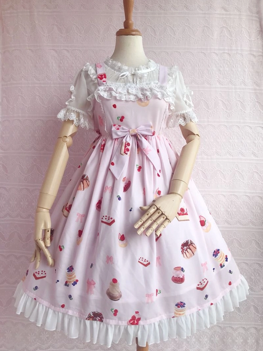 Full sweet lolita outfit set white puff sleeve blouse paired with pink dessert print jsk dress ruffled hem